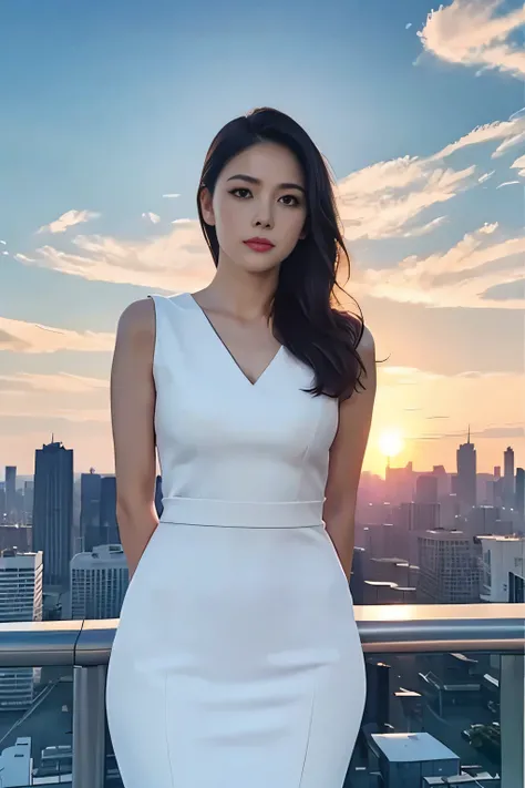 1girl,solo, parted lips,  office lady, business suit ,
skyline, cloud,sunset, arms behind head, looking at viewer, high qualty