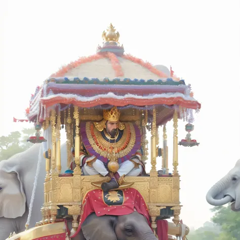 there is a man riding on the back of an elephant, an elephant king, with large golden pipes, watermark:-1, an enormous elephant king, wearing huge golden crown, showpiece, samikshavad, accurate depiction, seated in royal ease, peredvishniki, trending ，, wi...