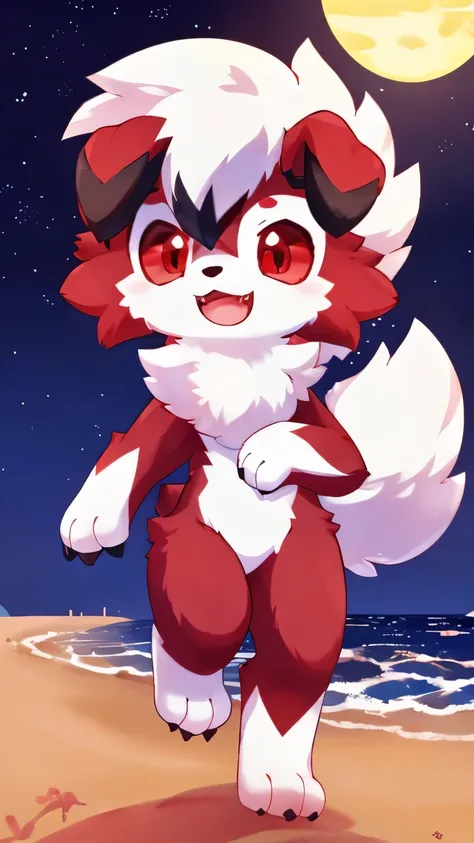 by: nakimayo，，a midnight lycanroc ,frontal，smile，beach ，(red eyes: 1.5)，solo，openmouth，4 toes ，toe claws,teeth,tail，facial tuft，