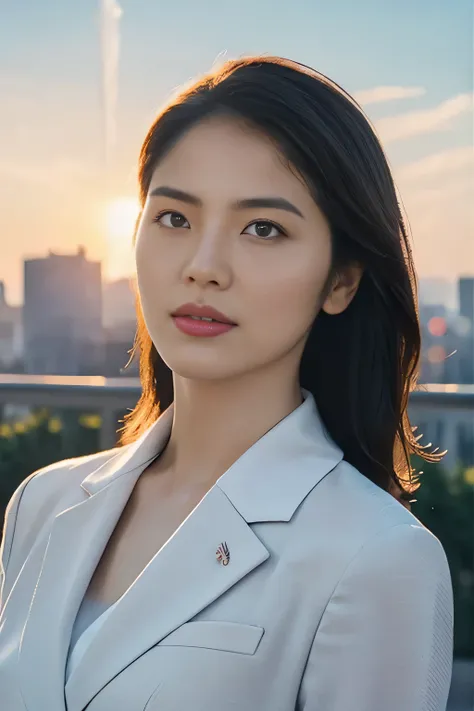 1girl,solo, parted lips,  office lady, business suit ,
skyline, cloud,sunset, arms behind head, looking at viewer, highest quality