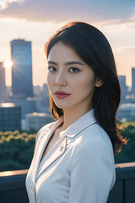 1girl,solo, parted lips,  office lady, business suit ,
skyline, cloud,sunset, arms behind head, looking at viewer, highest quality