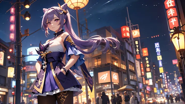 1girl,HD,4k,best_quality,(huge_breasts),(Off shoulder top),long hair and purple hair, purple eyes,skirt,japanese street,tokyo,(mid night),((Keqing from genshin impact)),(hands in pockets), dramatic smirk pose, anime visual of a cute girl, beautiful allurin...