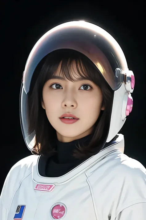 jaxsa、Adult woman with depression、Japanese、Black Hair、Brown eyes、Pink Lips、Spacesuit、Upper Body、universe space、moon、Real、Masterpiece、Highest quality、Light reflecting off the helmet、