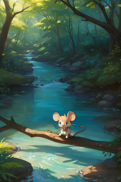 Tiny the mouse standing at the edge of a fast-moving stream, looking determined as he prepares to cross using a fallen branch.