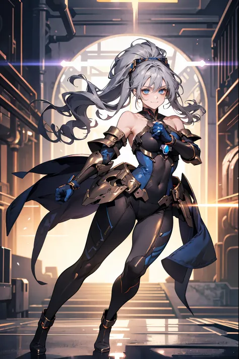 "4K anime style quality, digital drawing mode, iron-themed female character, Smile, long metallic twin tails grey hair that reflects the light, glowing steel-blue eyes, wearing a dark grey female sexy open-shoulder chest armor with sexy designs. standing i...