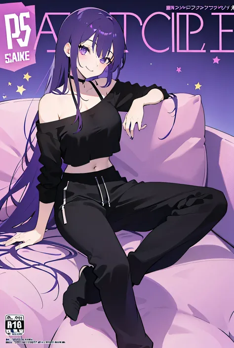 Attractive anime girl with long beautiful lush purple hair, magazine cover, black one-shoulder top, black wide-leg sweatpants, looking at us, smile, striking pose, (1 girl), sitting outside, purple sneakers, big breasts, tall beautiful girl, magazine cover