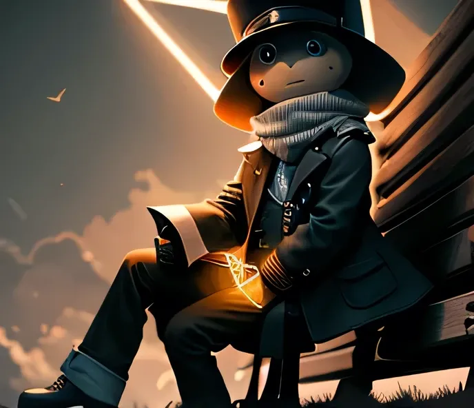 A Humanoid Square sitting on a bench while wearing 2 glowing triangles as the hat and a trenchcoat.