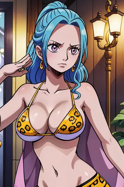 cute girls,round purple eyes, blue hair、[without a bra、medium to long straight hairstyle，、（bigboobs,，she wear a leopard bikini,l...