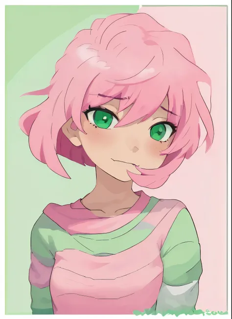 Pink hair, green T-shirt