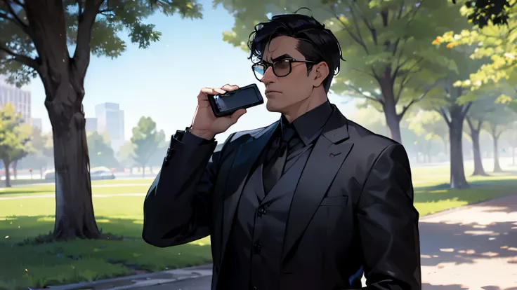 dark rich man talking on phone in park