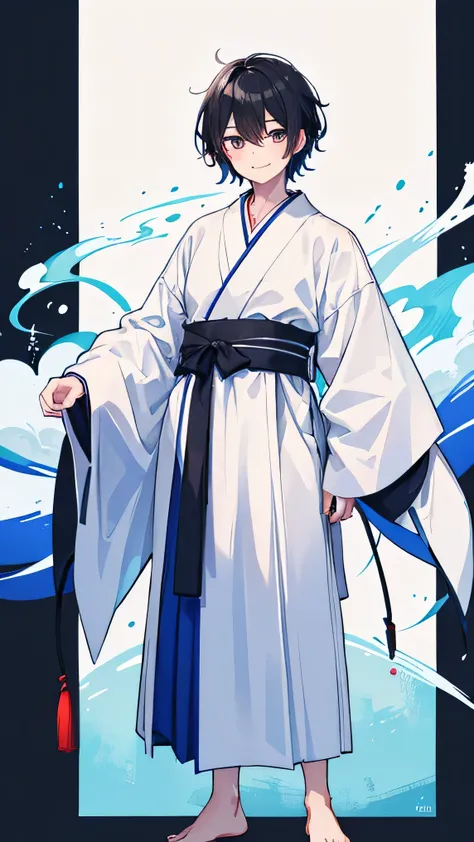 1 man, standing, black hair, messy short hair, Japanese shaman wear, long Hakama wear, white and blue wear, tall, naughty smile, wild