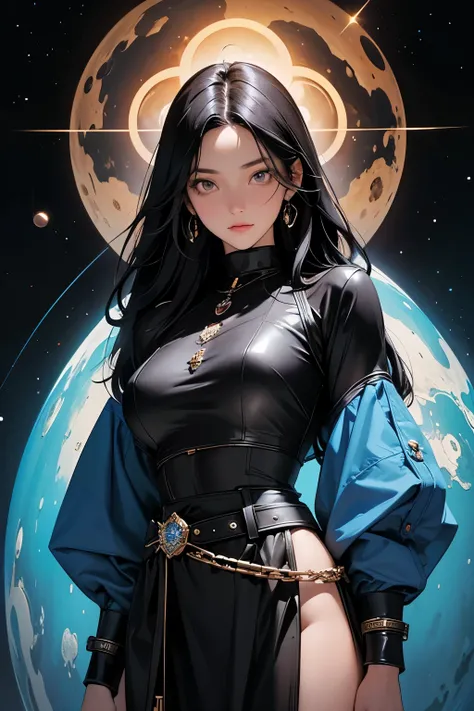 A beautiful woman. long black hair. brown skin. Twenty-two years old. She is looking at the camera with a defiant expression. She wears black metallic armor. Around his waist he wears a belt with a blue round jewel embedded in it. Behind her is an image of...