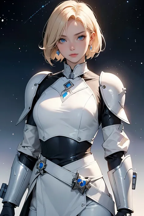 A beautiful woman. Short hair. Blonde hair and blue eyes. Twenty-two years old. She is looking at the camera with a defiant expression. She wears beautiful silver-white metallic armor. There is something on his waist that reminds me of Kamen Riders transfo...