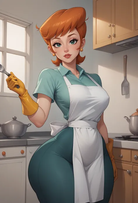 score_9, score_8_up, score_7_up, BREAK, 1girl, solo, breasts,  dextersmom, makeup, jewelry, gloves, shirt, apron, kitchen, upper body, portrait, mature female, simple background, thick thighs, wide hips, big ass, showing buttcrack slightly, showing big but...