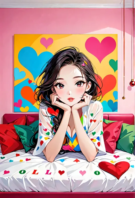 Ultra-realistic 奈良美智 colorful style, Simple lines acronym abstract art，(((The most beautiful woman of all time))), (((Lips in love))), Colorful hearts, stylish design, Dark Eyes, (((Holiday Room))), (((Cute Protozoan)))