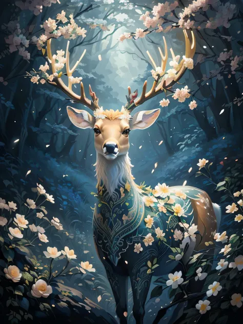 painting of a deer with flowers in its antlers in a forest, beautiful digital artwork, beautiful digital art, a beautiful artwork illustration, very beautiful digital art, beautiful art uhd 4 k, detailed fantasy digital art, enchanted with nature spirit, a...