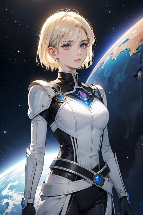 A beautiful woman. Short hair. Blonde hair and blue eyes. Twenty-two years old. She is looking at the camera with a defiant expression. She wears beautiful silver-white metallic armor. There is something on his waist that reminds me of Kamen Riders transfo...