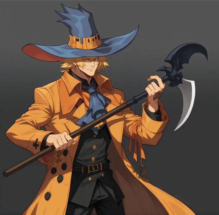 there is a man in a hat and coat holding a scyther and a bird, powerful male scarecrow, scarecrow, the scarecrow, ( ( character concept art ) ), jrpg character art, final fantasy tactics character, character artwork, guilty gear art style, gungrave, guilty...