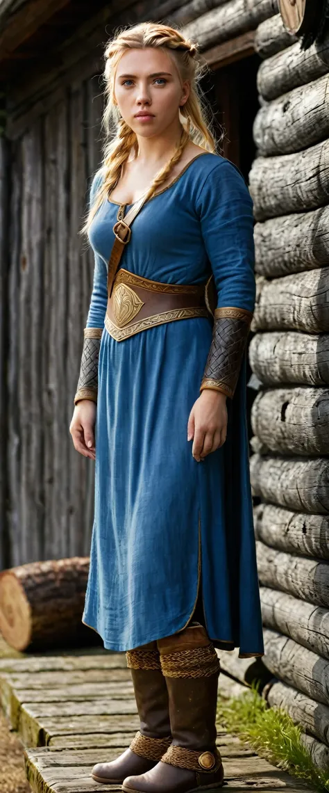 Side view, full-body, Viking girl,12 century, looking at viewer, Sweden Young girl, beautiful female, Scarlett Johansson, holding Scottish Fold, (Highly detailed face, Ordinary eyes, Blue eye, gold hair, Variegated eyes, Fuller lips, little Lips, little sm...