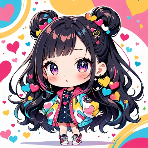 Ultra-realistic 奈良美智 colorful style, Simple lines acronym abstract art，(((The most beautiful woman of all time))), (((Chibi))), Colorful hearts, kawaii design, Dark Eyes, (((Fashion Model))), Street Fashion, Runway, (((Cute Protozoan)))