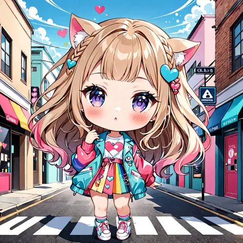 Ultra-realistic 奈良美智 colorful style, Simple lines acronym abstract art，(((The most beautiful woman of all time))), (((Chibi))), Colorful hearts, kawaii design, Dark Eyes, (((Fashion Model))), Street Fashion, Runway, (((Cute Protozoan)))