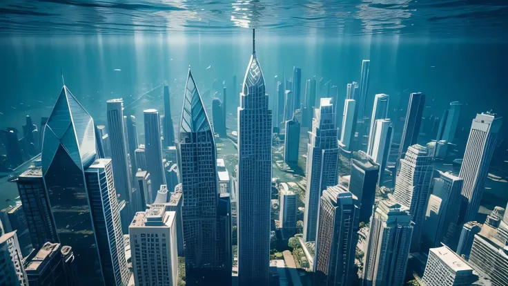 Skyscrapers, Sinking into the sea, Building from the bottom of the sea, Underwater Building, flood, Half of the building is underwater, Underwater view