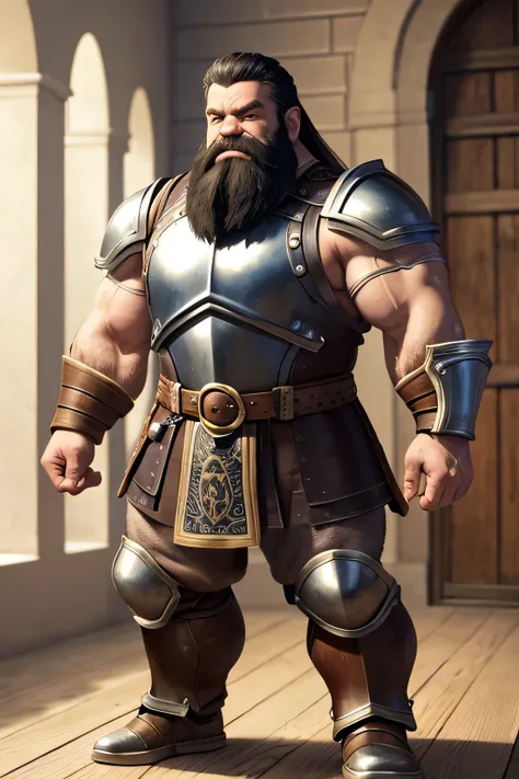 masterpiece, muscular dwarf, full body, hd, white beard, plate armor, arms free, eyes open