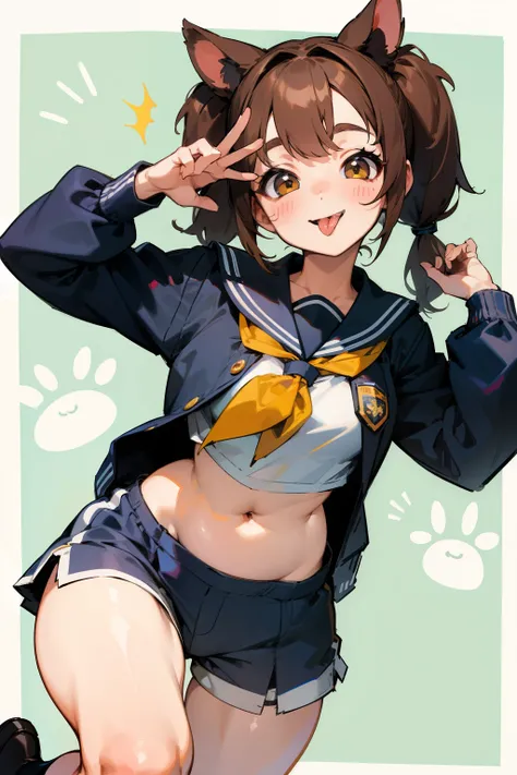 Two Puppy girl, brown hair, pigtails, Exposed belly, short pants, sexy body, smile, tongue out of mouth, school Uniform 