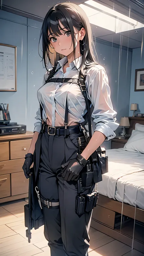 1 female, , high quality, masterpiece, Ultra-high resolution, , Cinema Lighting, , , And the suspenders with the cranes flying　　　Large Breasts　 　 　　　　Small face　 　　　holster　　　　　　　 Lying in bed　Looking up　　　　Sweat 　　　belt　summer　脇Sweat 　Black Hole Gloves　su...