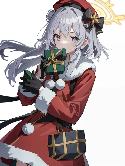 halo, breastplate, beret, christmas, silver hair, box, , 赤いcoat, coat, bow, white background, hair bun, gloves, gray eyes, alone...