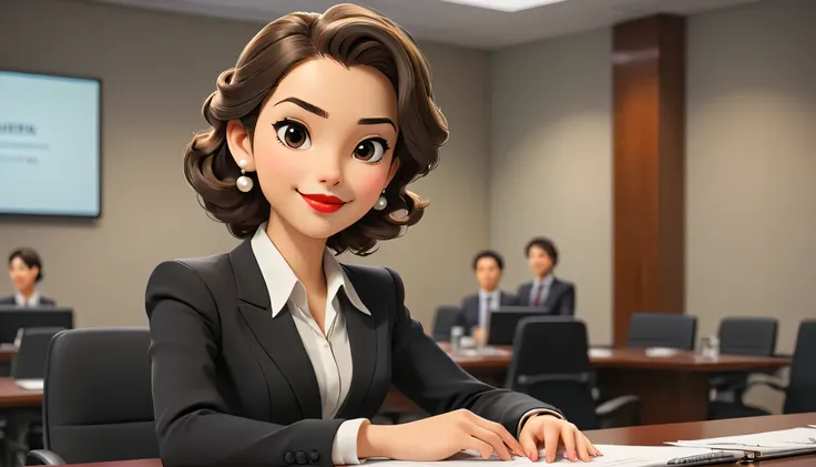 ((estilos de dibujo Lo-Fi:1.5)), A heartwarming, highly detailed 3D-rendered illustration of a young woman in an anime style, sitting at a table in a conference room as she prepares for her turn to present. She is dressed in a tailored black suit with a st...