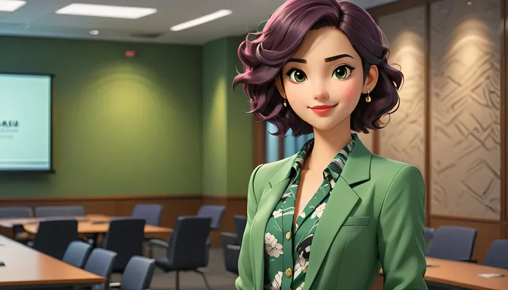 ((estilos de dibujo Lo-Fi:1.5)), A heartwarming, highly detailed 3D-rendered illustration of a young woman in an anime style, leaning against the wall in a conference room as she waits for her turn to present. She is dressed in a fashionable green blazer o...