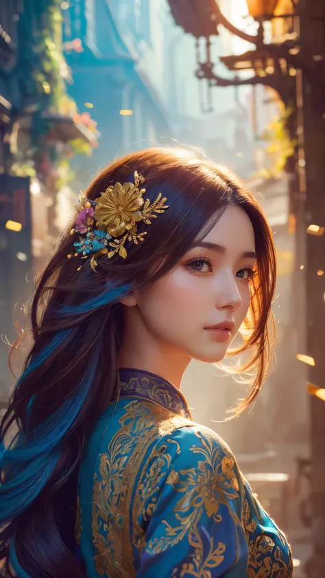 beautiful (zxzxberna), intricate colorful hair with , sunlight, beautiful lighting, vibrant lighting, intricate, highly detailed, elegant, smooth, by Ruan Jia and Artgerm and Anton Fadeev,  