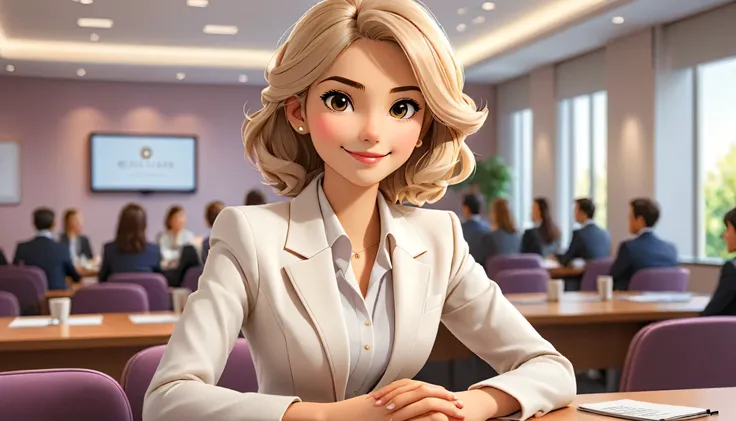 ((estilos de dibujo Lo-Fi:1.5)), A heartwarming, highly detailed 3D-rendered illustration of a young woman in an anime style, sitting comfortably in a conference room with a cup of coffee as she waits for her turn to present. She is dressed in a sleek whit...