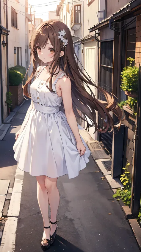 Anime girl in a white dress standing on a narrow street. Masterpiece、Chizuru Ichinose、Brown Hair、I、For women、Outside the house、Detailed Background、detailed eyes、（（Brown eyes））,Beautiful and perfect legs, Clean and perfect hands