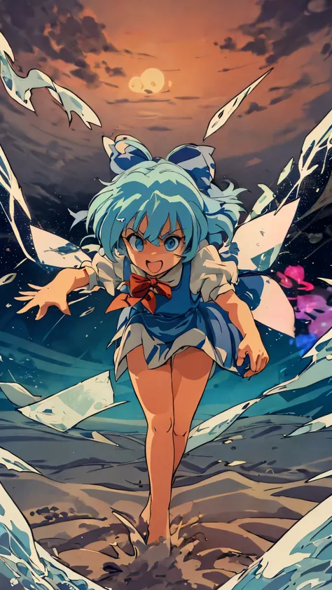 retro artstyle Cirno_Touhou, 1girl, cirno, solo, blue hair, bow, hair bow, short hair, blue eyes, blue bow, wings, ice, ice wings, dress, blue dress,