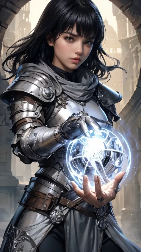 A beautiful woman. Twenty years old. Black hair. Her bangs are down. She wears beautiful silver-white armor. She is in a Force Academic fighting pose. She has a mysterious glowing orb in his hand.