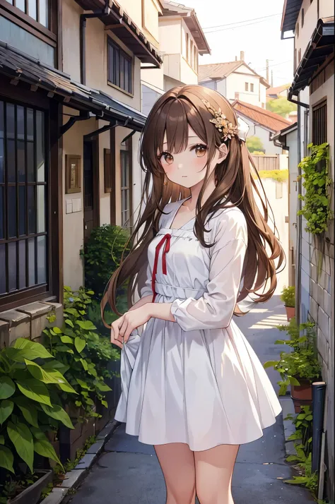 Anime girl in a white dress standing on a narrow street. Masterpiece、Chizuru Ichinose、Brown Hair、I、For women、Outside the house、Detailed Background、detailed eyes、（（Brown eyes））,Beautiful and perfect legs, Clean and perfect hands