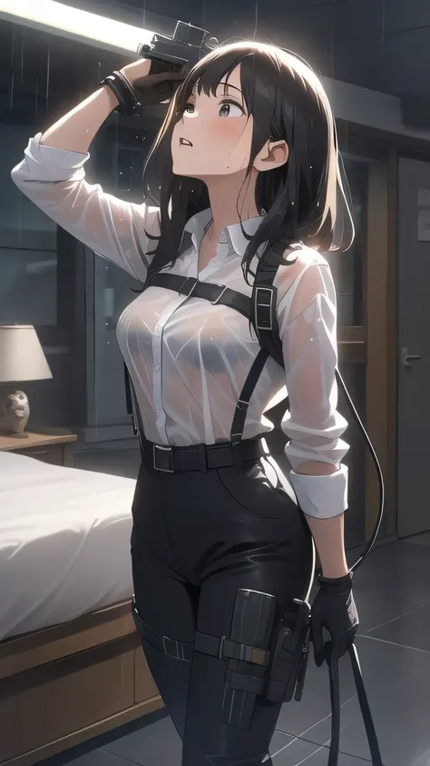 1 female, , high quality, masterpiece, Ultra-high resolution, , Cinema Lighting, , , And the suspenders with the cranes flying　　　Large Breasts　 　 　　　　Small face　 　　　holster　　　　　　　 Lying in bed　Looking up　　　　Sweat 　　　belt　summer　脇Sweat 　Black Hole Gloves　su...