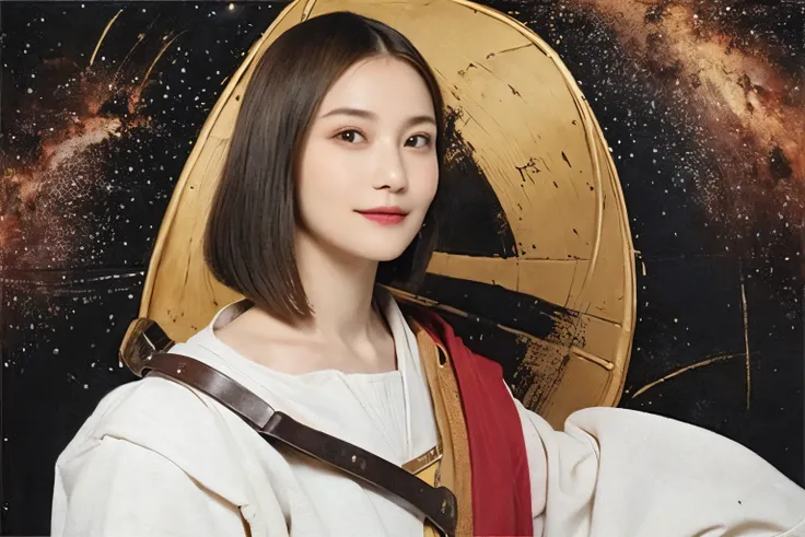 294 (20-year-old woman,short hair,20-year-old male), (A kind smile), ((Spaceship,captain)), (colorful), (Leonardo da Vinci paintings), flower, Space Suit, Pirate Ship, nebula, milky way