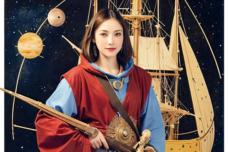 294 (20-year-old woman,short hair,20-year-old male), (A kind smile), ((Spaceship,captain)), (colorful), (Leonardo da Vinci paintings), flower, Space Suit, Pirate Ship, nebula, milky way