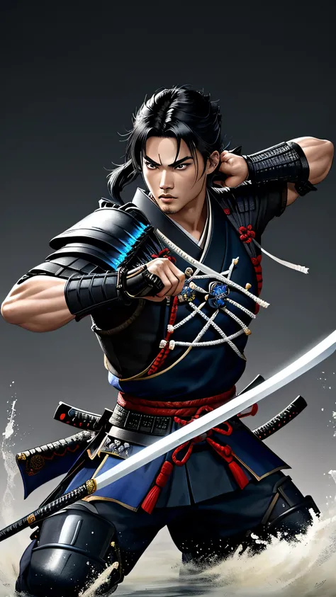 最high quality、Best image quality、masterpiece、male((samurai、Black Hair、thin、Show the whole body、Blue Eyes、Muscular,Japan刀を持つ、Fighting pose)）high quality、Beautiful art、background((Japan)),Tabletop、Exquisite design、Visual Arts、Written boundary depth、Best ligh...