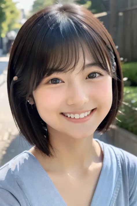 Short Hair、round face、smile、Japanese