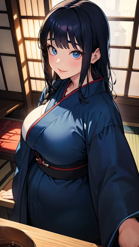 masterpiece,best quality,adult woman,anime,High angle,looking up,downturned eyes,blue eyes,small nose,full lips,long straight black hair,playful smile,dark blue kimono,bangs,overweight,Japanese room,overweight,drunk,big tits,face close up,upper body