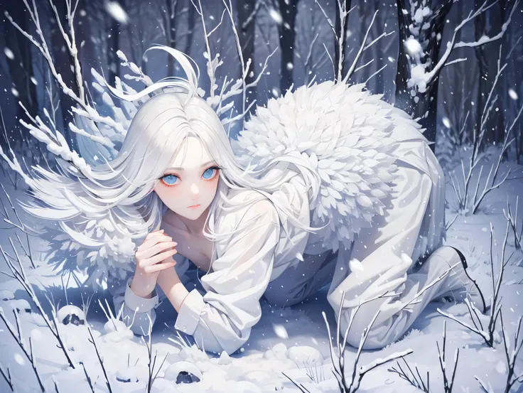 ((best quality)), ((masterpiece)), (detailed), perfect face, high detailed eyes, snow woman, snow scene, snowstorm, ice world, w...