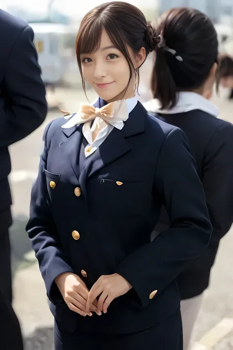 (masterpiece:1.2, Best Quality:1.2), 32K HDR, High resolution, (Alone、1 girl)、（On the roof of a building during the day、Professional Lighting）、Building rooftop background、（Japan Air System cabincrew Uniformを着たリアルスタイル）、（（Japan Air System cabincrew uniform j...