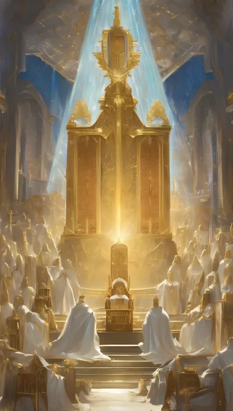 "Depict a majestic throne room set in the heavens, with a grand central throne surrounded by twenty-four smaller thrones. Seated on the smaller thrones are twenty-four elders dressed in flowing white robes, each wearing golden crowns. From the central thro...