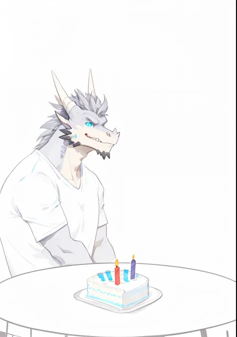 Masterpiece, Solo, (Grey dragon, Blue eyes, Medium Grey hair, Medium facial Grey hair, A Pair of white horns) Muscular Body, Handsome, Good Looking, Adult, Fierce, Grinning, back T shirt, Living room, looking at right, Birthday cake in table.