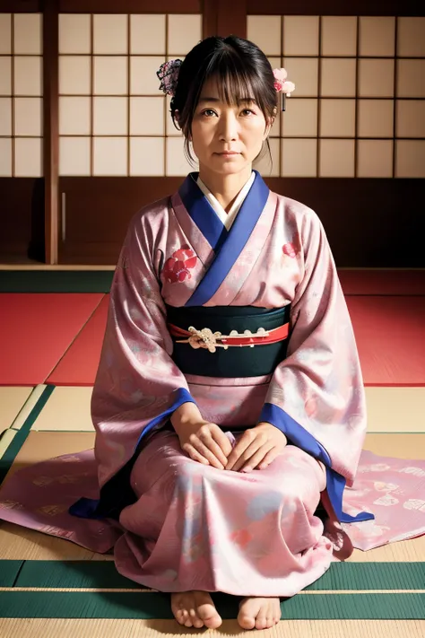 A 50-year-old Japanese woman sitting on a tatami mat、Fortune teller wearing a kimono、Odd Eye