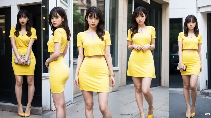 ((8k、High resolution、Best Quality、High resolution))),Alone、Natural body shape、White skin、Natural Makeup、Black Hair、bangs、Straight long hair、Big 、((Looking into the camera))、((Pay attention to the butt))、((Yellow tight skirt dress,mini skirt,Short sleeve V-...